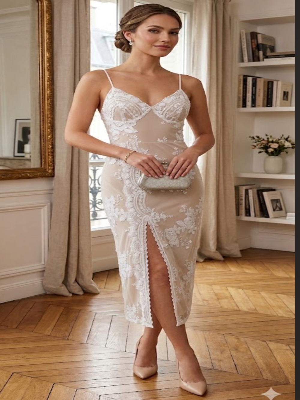 Nude Slip Dress with White Lace Overlay - Strapless Spaghetti Style